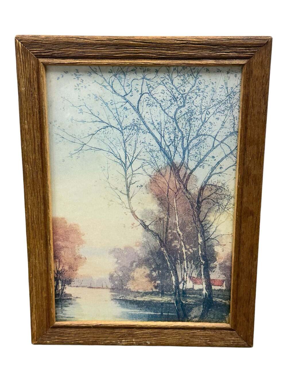 Vintage Framed Landscape Art Print of Riverbank with Trees and Cabin